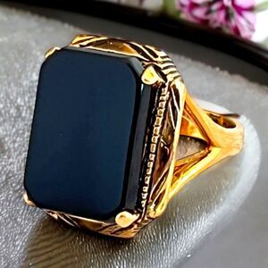 Vintage Ring Size 5 Black Onyx 18K Gold Plate Cocktail MCM Mid-Century 14B